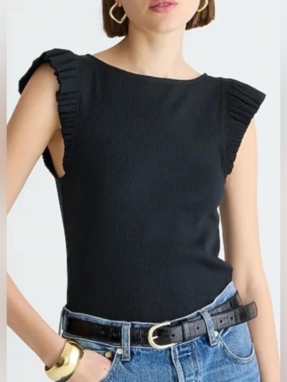 J.Crew Vintage Ribbed Ruffle Short Sleeve Top solid black Large